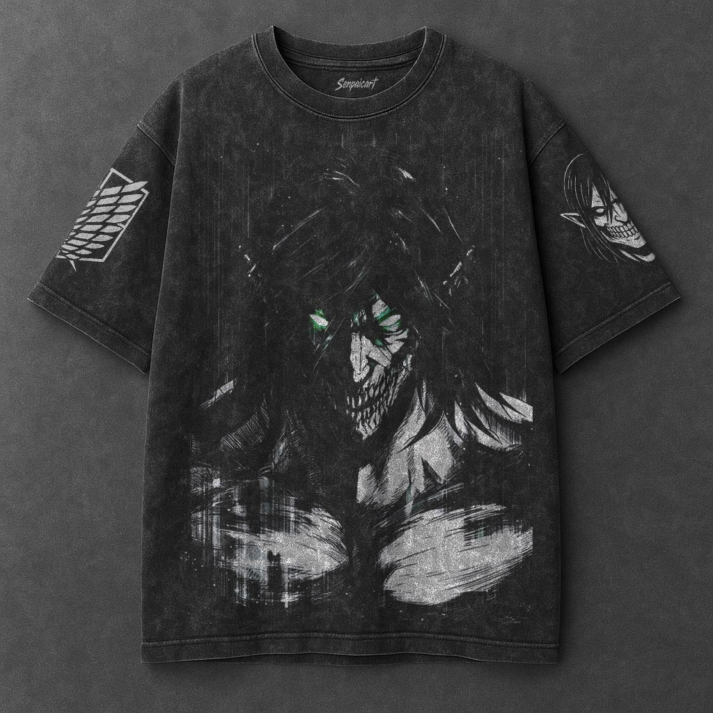 Attack on Titan Oversized Signature Black Washed T-Shirt