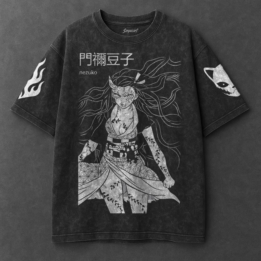 Demon Slayer Oversized Sleek Black Washed T-Shirt