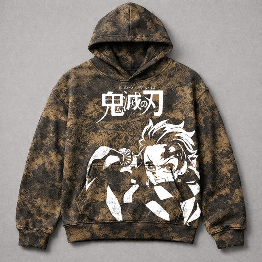 Demon Slayer Fight On Brown Camo Washed Hoodie