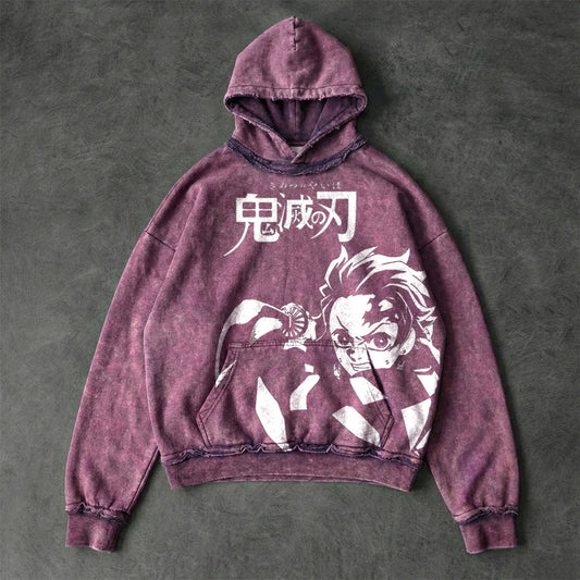 Demon Slayer Fight On Faded Plum Washed Hoodie