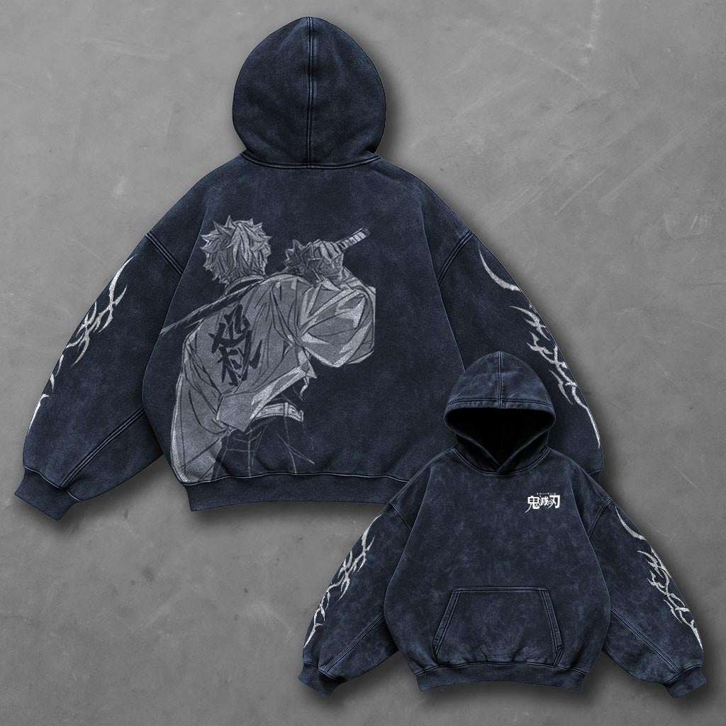Demon Slayer Minimal Blue Washed Hoodie
