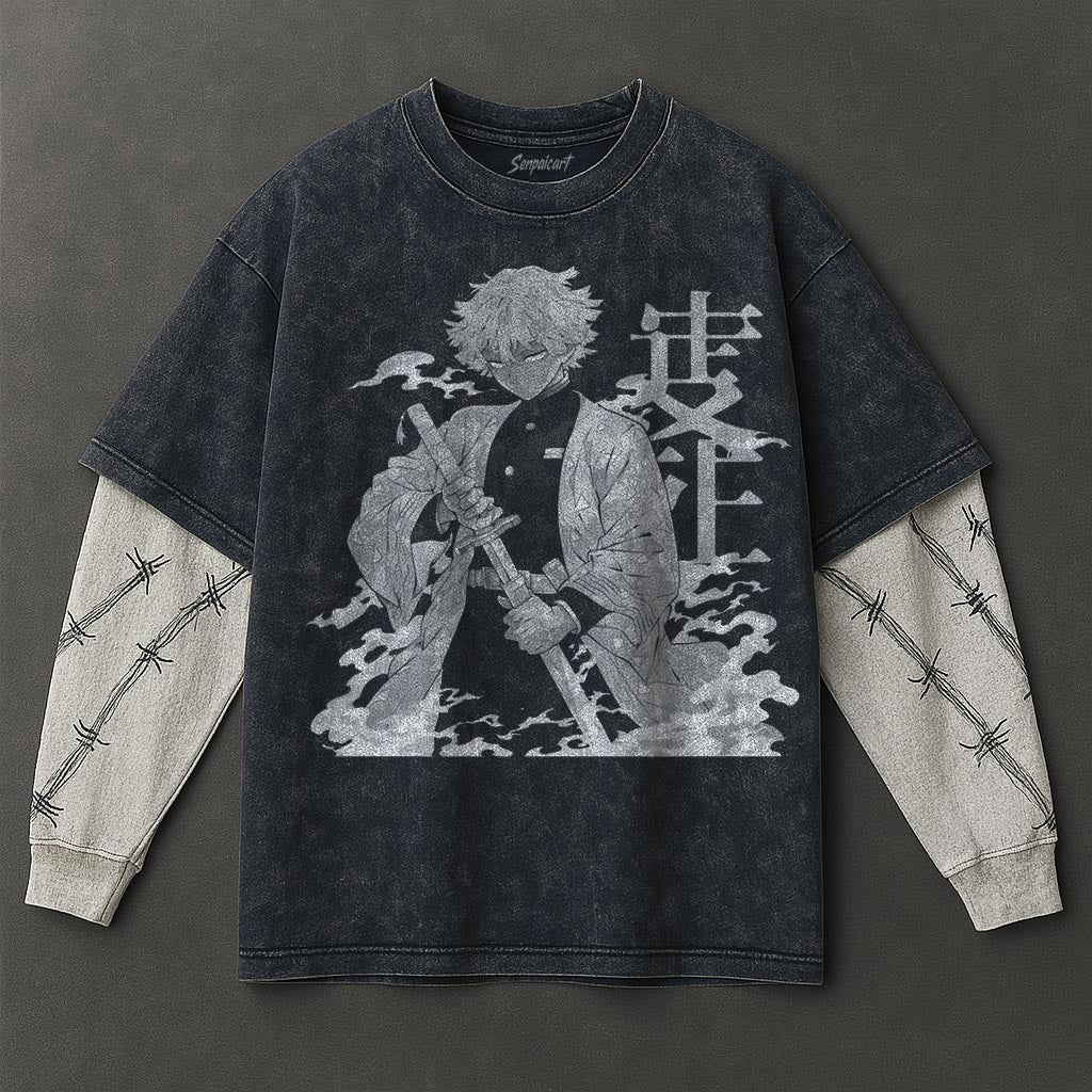 Demon Slayer Premium Soft Double Sleeves Blue Washed T-Shirt