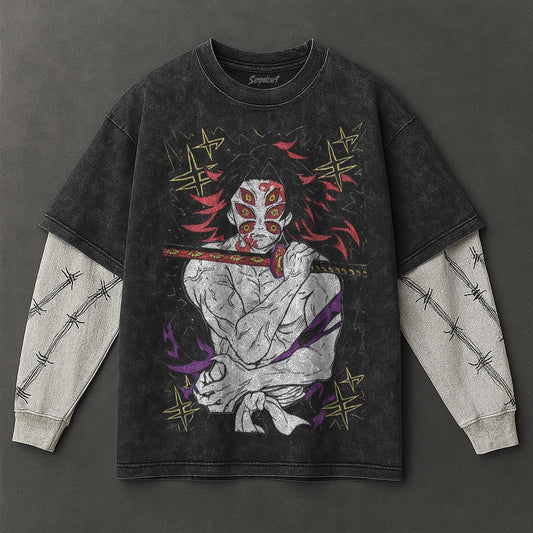 Demon Slayer Premium Flowy Black Double Sleeves Washed T-Shirt