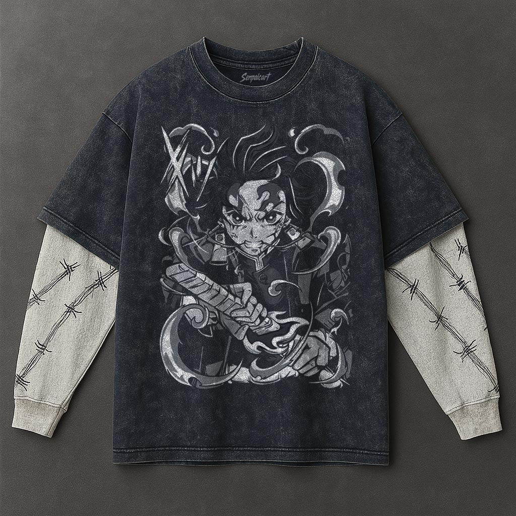 Demon Slayer Premium Relaxed Double Sleeves Blue Washed T-Shirt