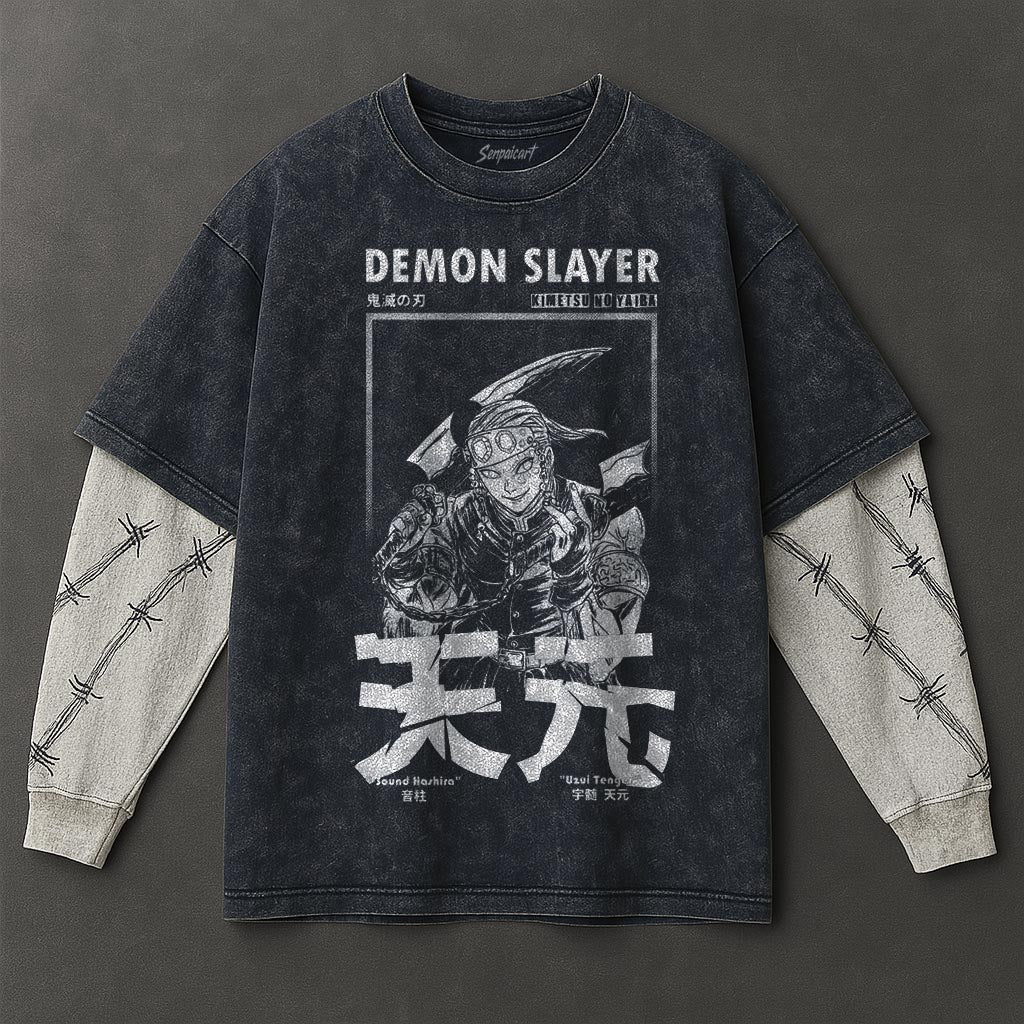 Demon Slayer Premium Roomy Double Sleeves Blue Washed T-Shirt