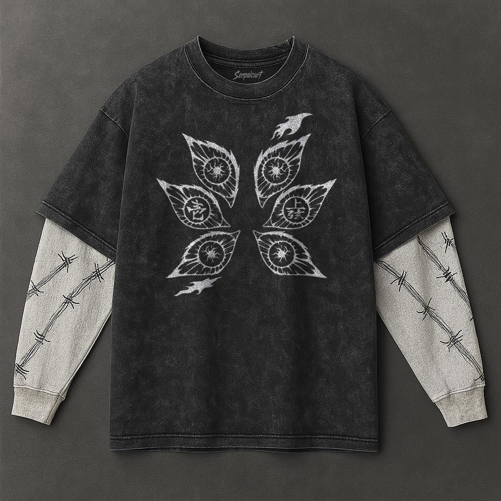Demon Slayer Premium Lightweight Black Double Sleeves Washed T-Shirt