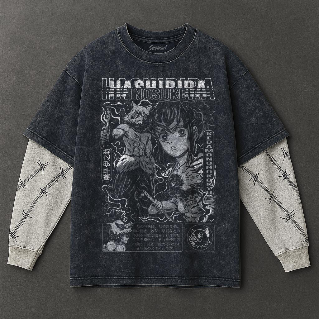 Demon Slayer Premium Slouchy Double Sleeves Blue Washed T-Shirt