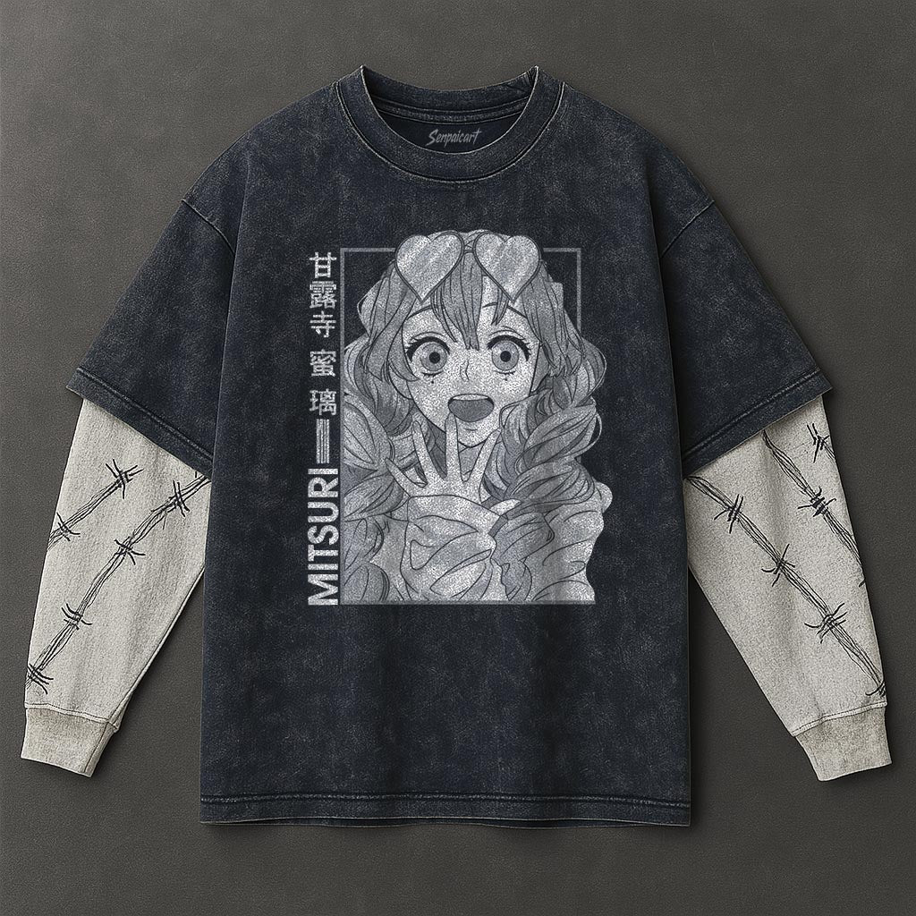 Demon Slayer Premium Casual Double Sleeves Blue Washed T-Shirt