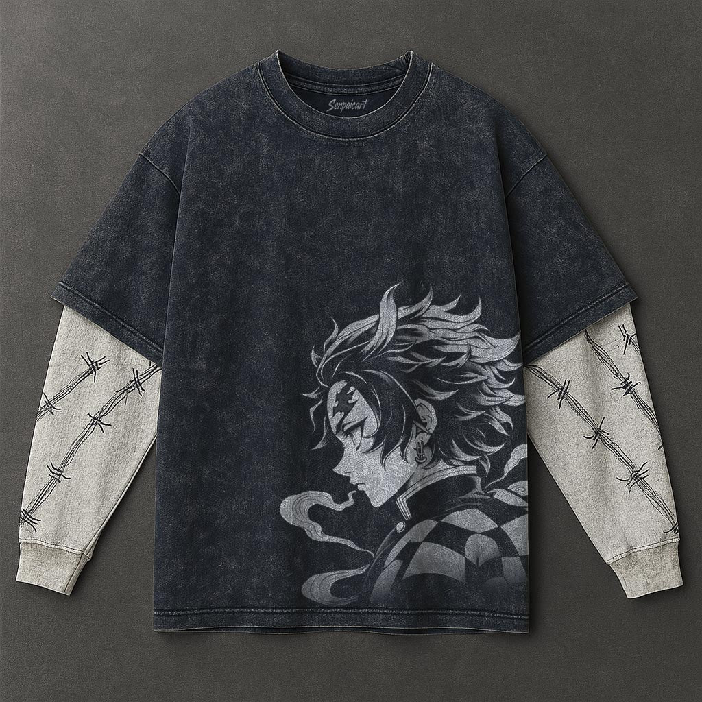 Demon Slayer Premium Comfy Double Sleeves Blue Washed T-Shirt