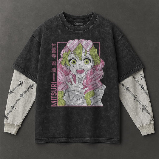 Demon Slayer Premium Soft Black Double Sleeves Washed T-Shirt