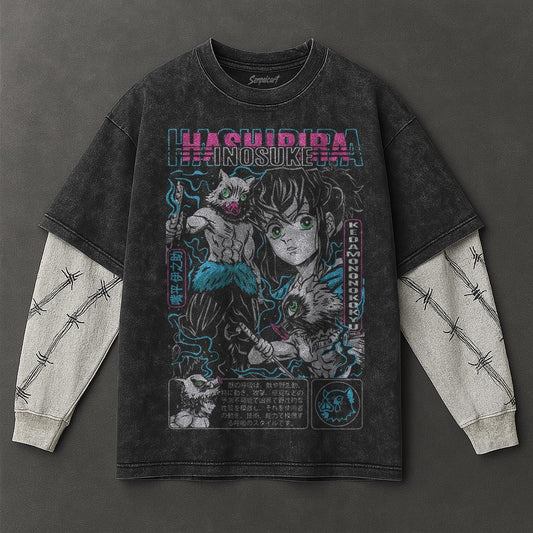 Demon Slayer Premium Breezy Black Double Sleeves Washed T-Shirt