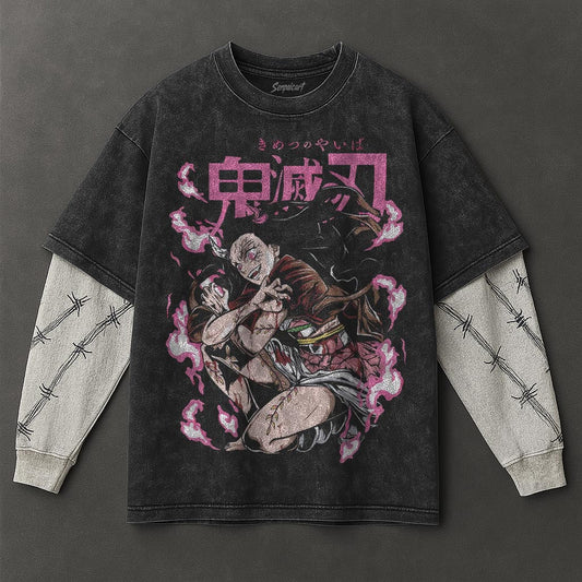 Demon Slayer Premium Relaxed Black Double Sleeves Washed T-Shirt