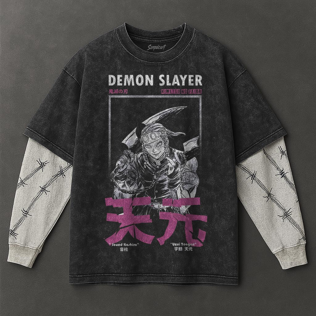 Demon Slayer Premium Airy Black Double Sleeves Washed T-Shirt