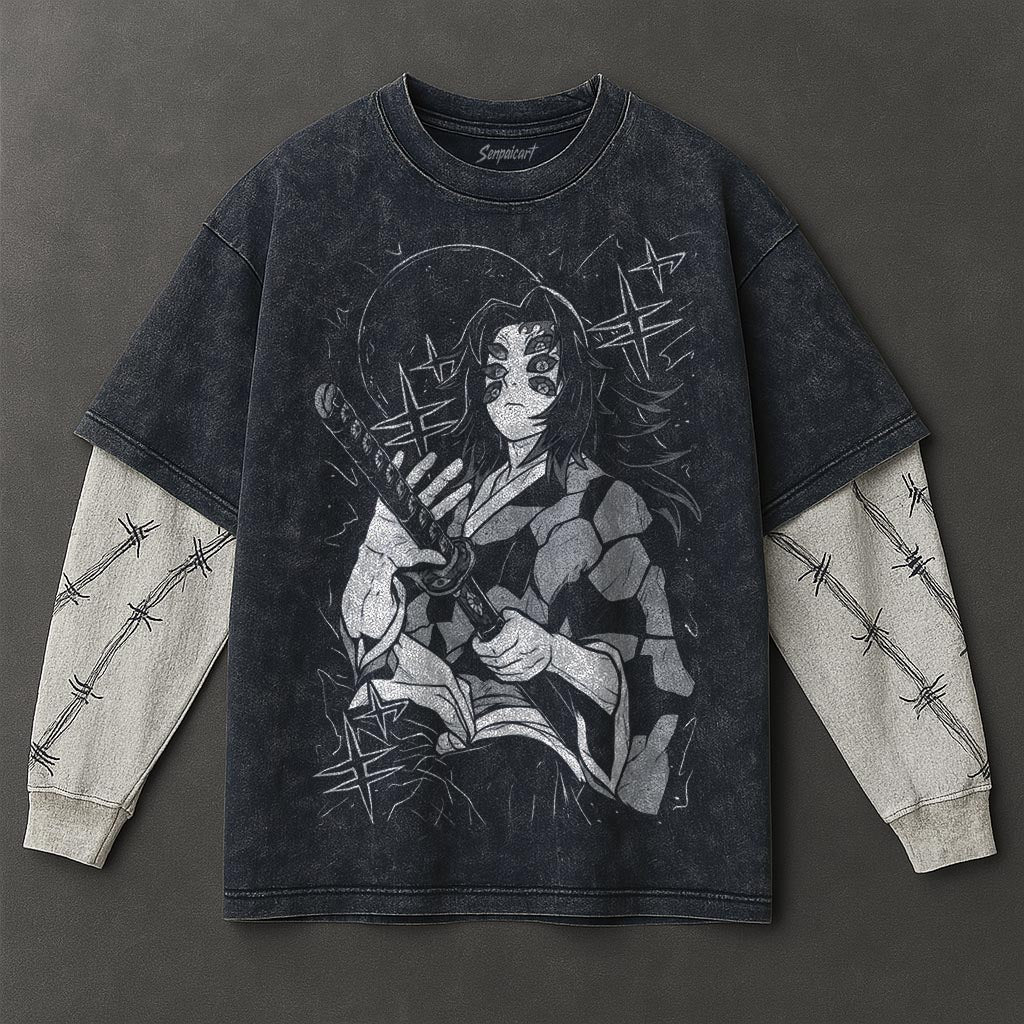 Demon Slayer Premium Flowy Double Sleeves Blue Washed T-Shirt