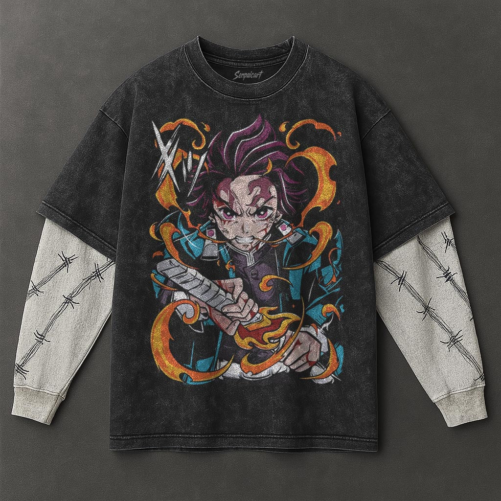 Demon Slayer Premium Roomy Black Double Sleeves Washed T-Shirt