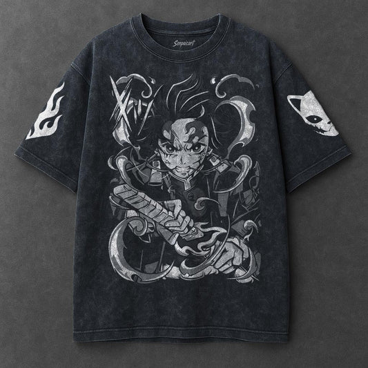 Demon Slayer Premium Loose Navy Blue Washed T-Shirt