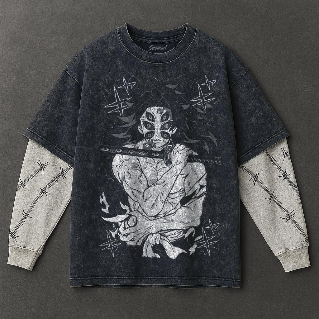 Demon Slayer Premium Oversized Double Sleeves Blue Washed T-Shirt