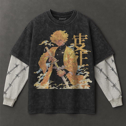 Demon Slayer Premium Effortless Black Double Sleeves Washed T-Shirt