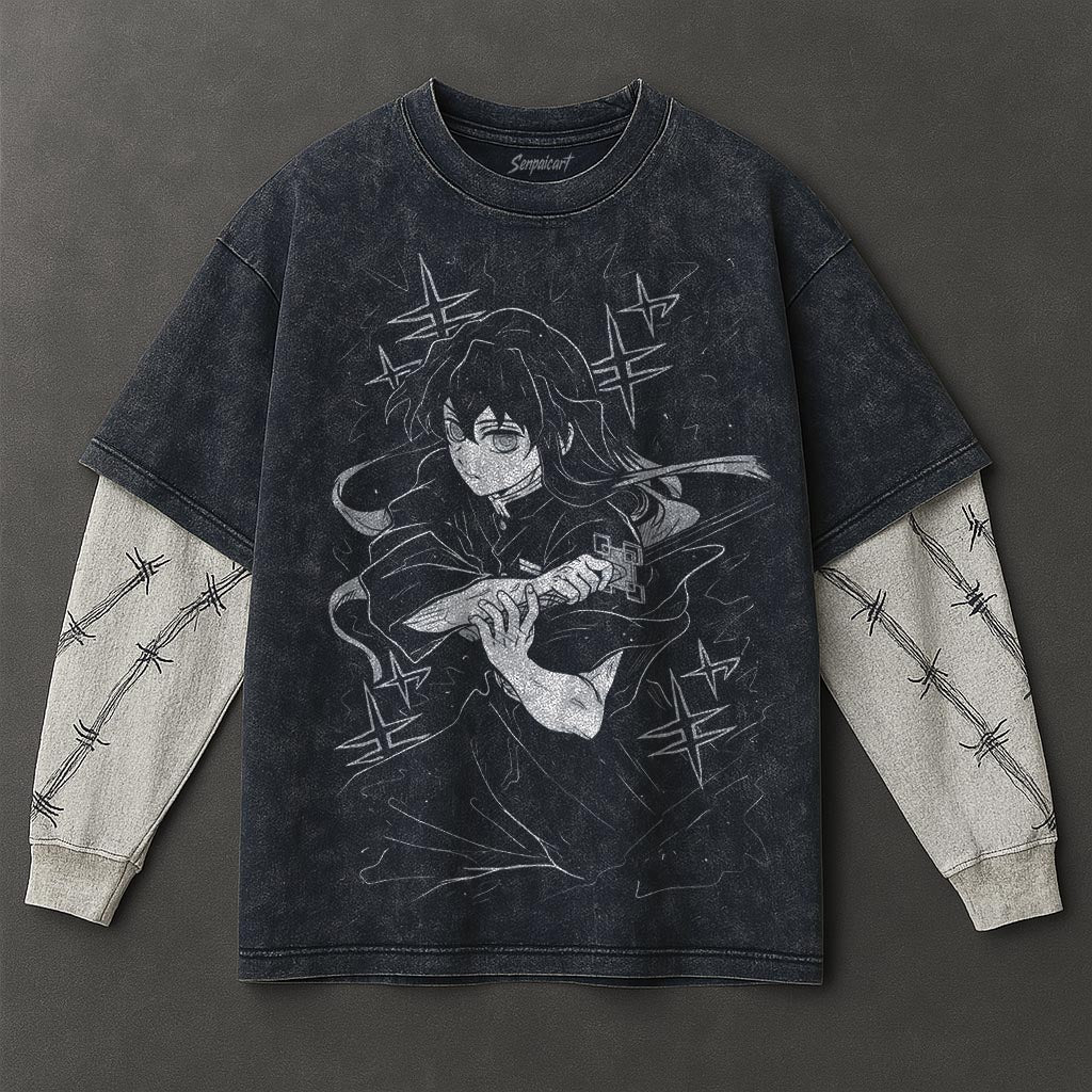 Demon Slayer Premium Drapey Double Sleeves Blue Washed T-Shirt