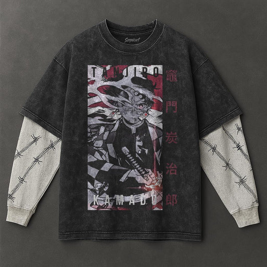 Demon Slayer Premium Oversized Black Double Sleeves Washed T-Shirt