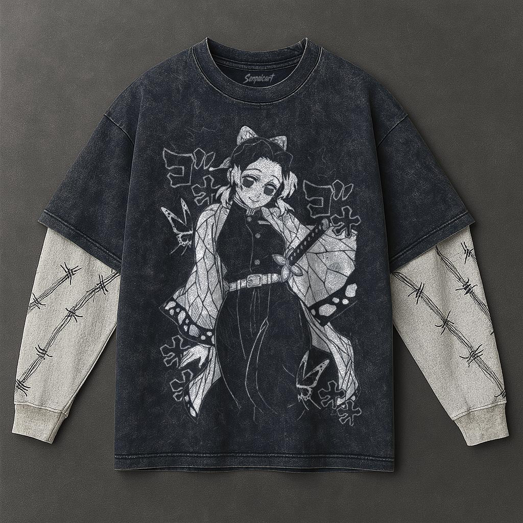 Demon Slayer Premium Loose Double Sleeves Blue Washed T-Shirt