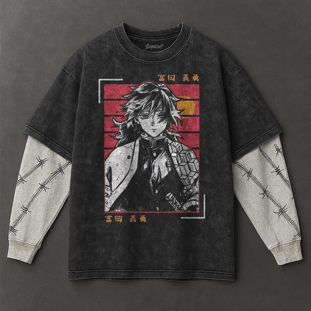 Demon Slayer Premium Slouchy Black Double Sleeves Washed T-Shirt