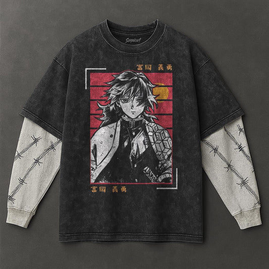 Demon Slayer Premium Slouchy Black Double Sleeves Washed T-Shirt