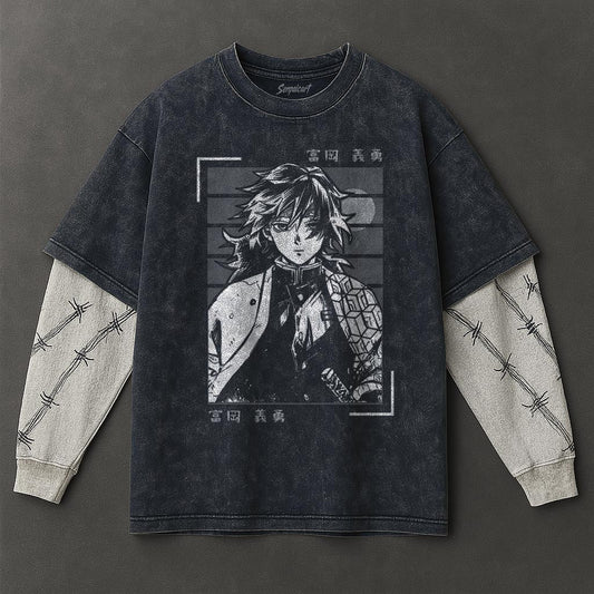 Demon Slayer Premium Breezy Double Sleeves Blue Washed T-Shirt