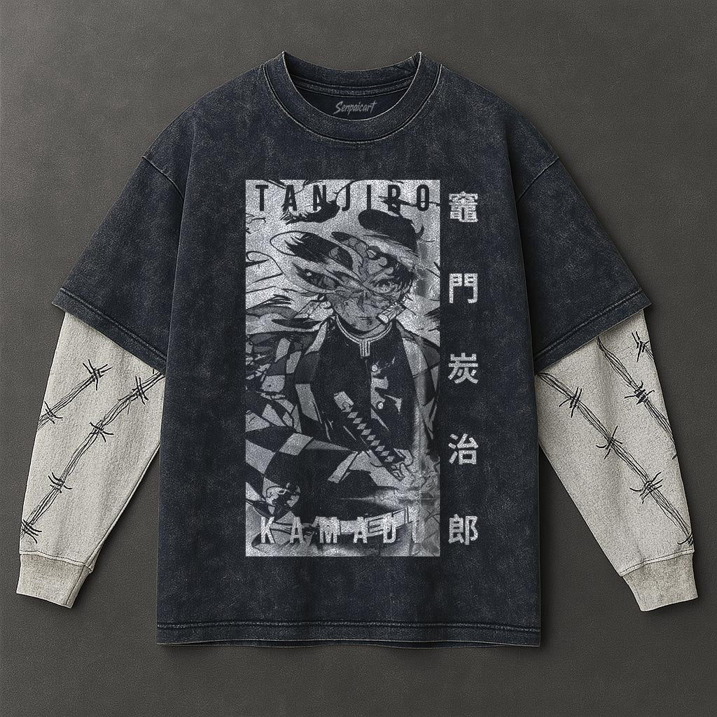 Demon Slayer Premium Airy Double Sleeves Blue Washed T-Shirt