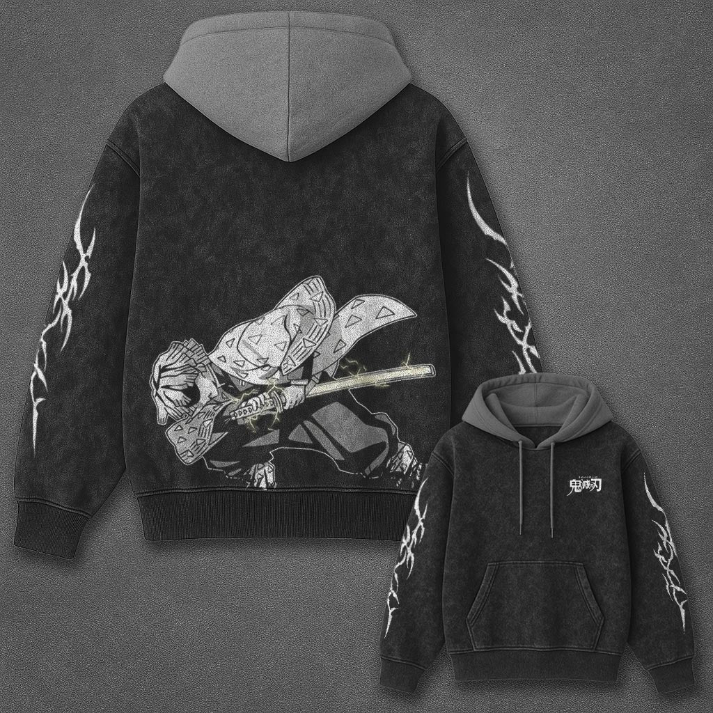Demon Slayer Essential Minimal Black and Grey Washed Hoodie