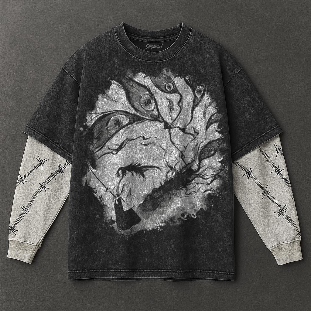 Demon Slayer Essential Signature Black Double Sleeves Washed Hoodie