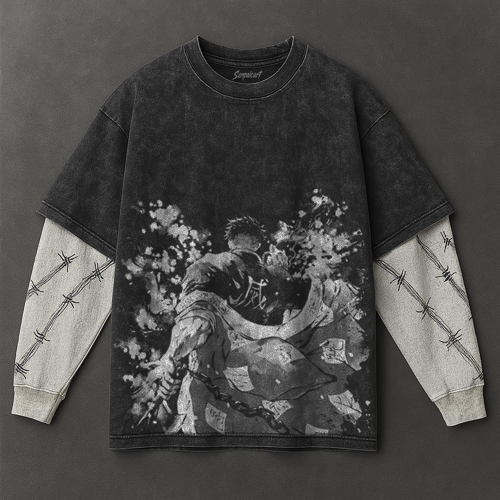 Demon Slayer Essential Minimal Black Double Sleeves Washed Hoodie