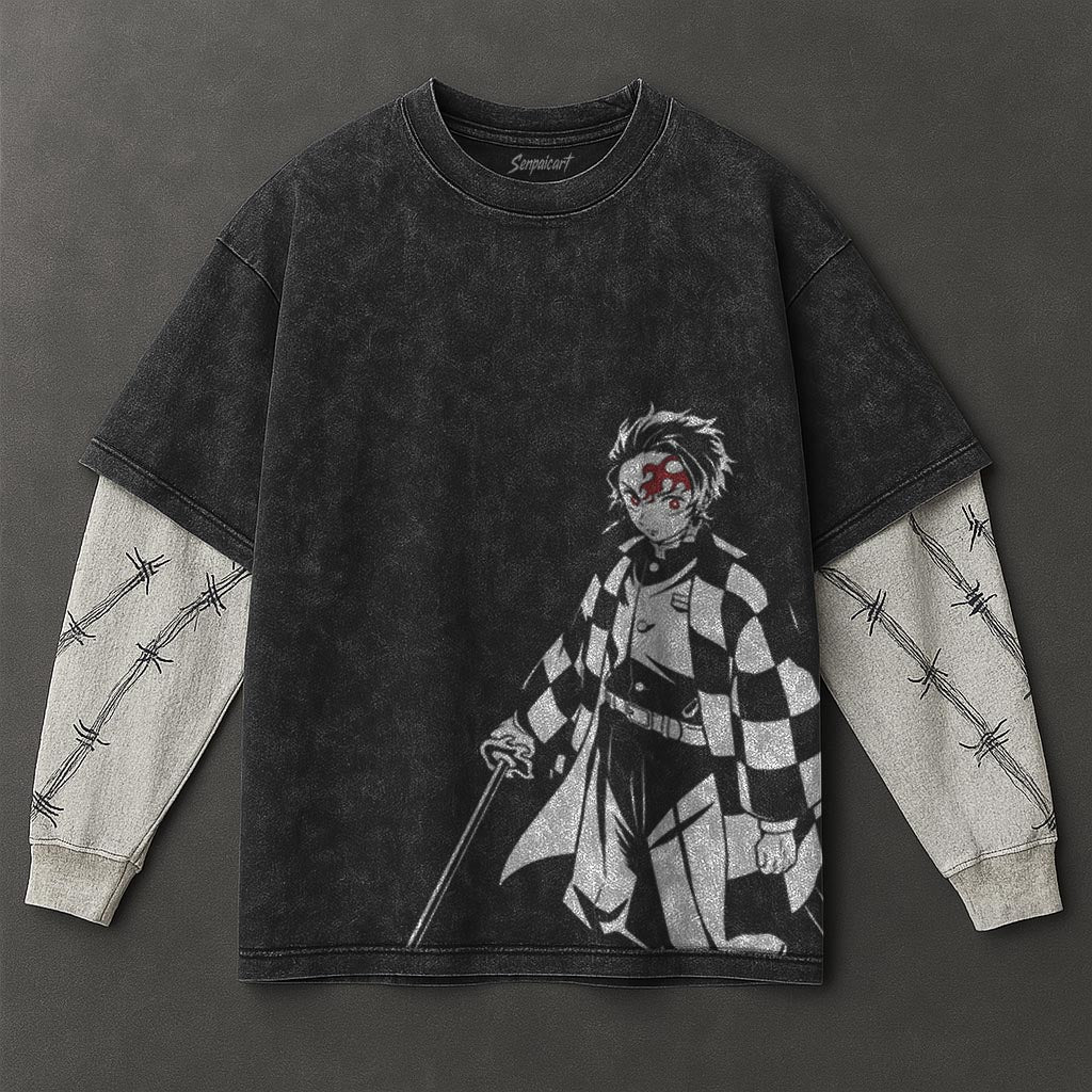 Demon Slayer Essential Oversized Black Double Sleeves Washed Hoodie