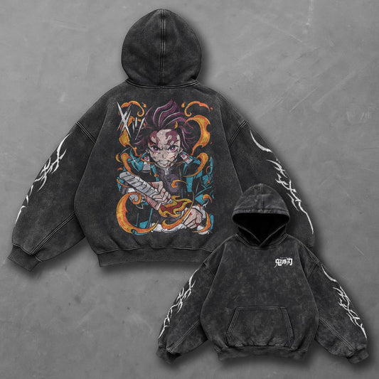 Demon Slayer Oversized Sleek Black Washed Hoodie
