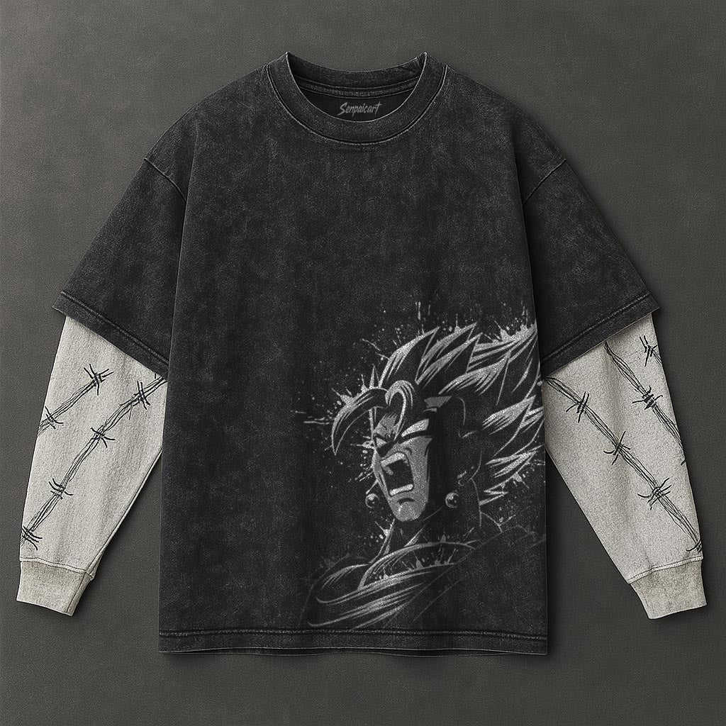 Dragon Ball Non-restrictive Double Sleeves Black Washed T-Shirt