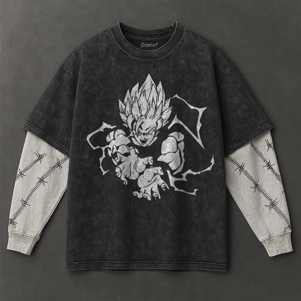 Dragon Ball Chic Double Sleeves Black Washed T-Shirt