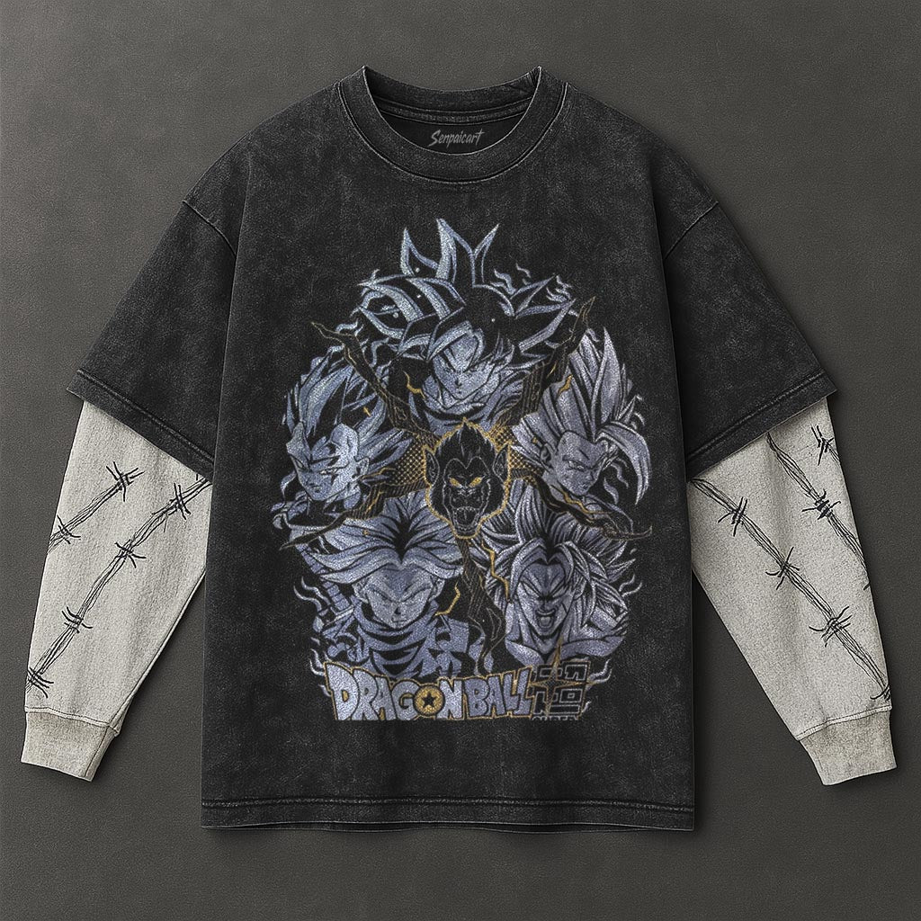 Dragon Ball Elongated Double Sleeves Black Washed T-Shirt