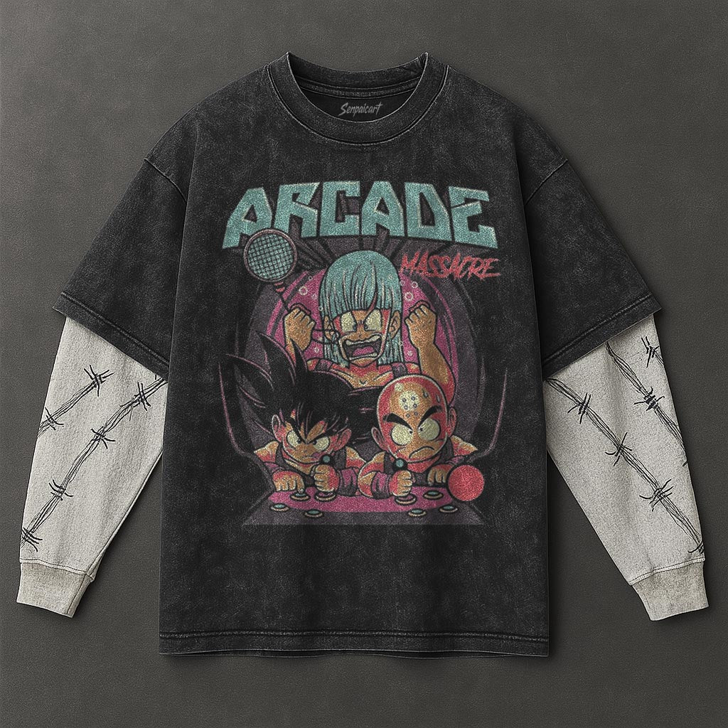 Dragon Ball Tunic-like Double Sleeves Black Washed T-Shirt