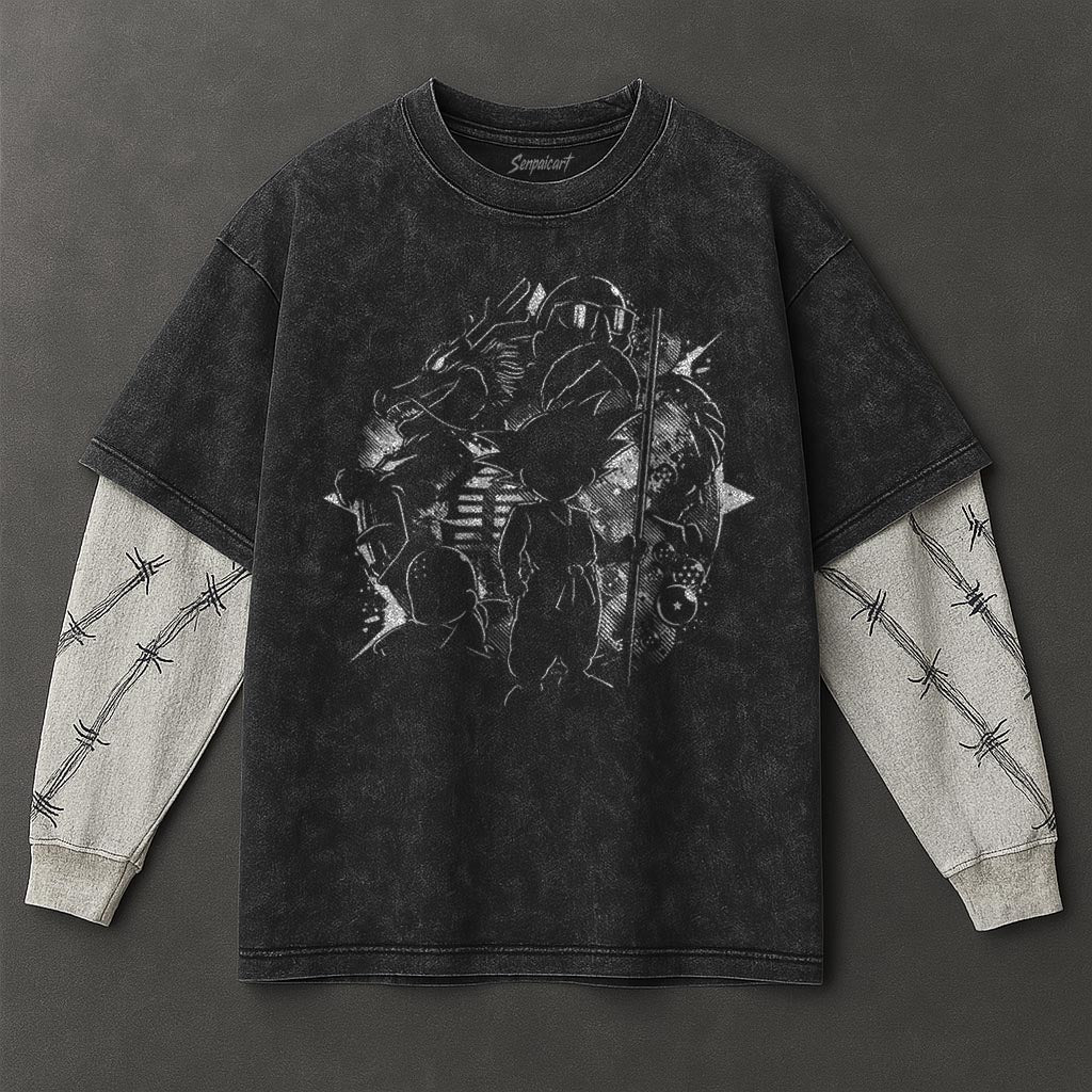 Dragon Ball Oversized Double Sleeves Black Washed T-Shirt