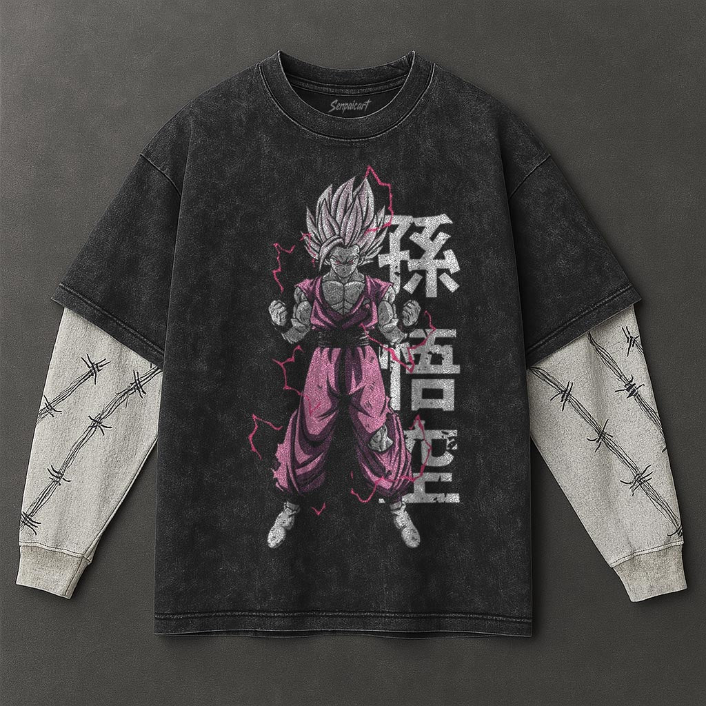 Dragon Ball Drapey Double Sleeves Black Washed T-Shirt