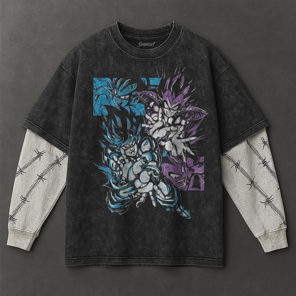 Dragon Ball Stylish Double Sleeves Black Washed T-Shirt