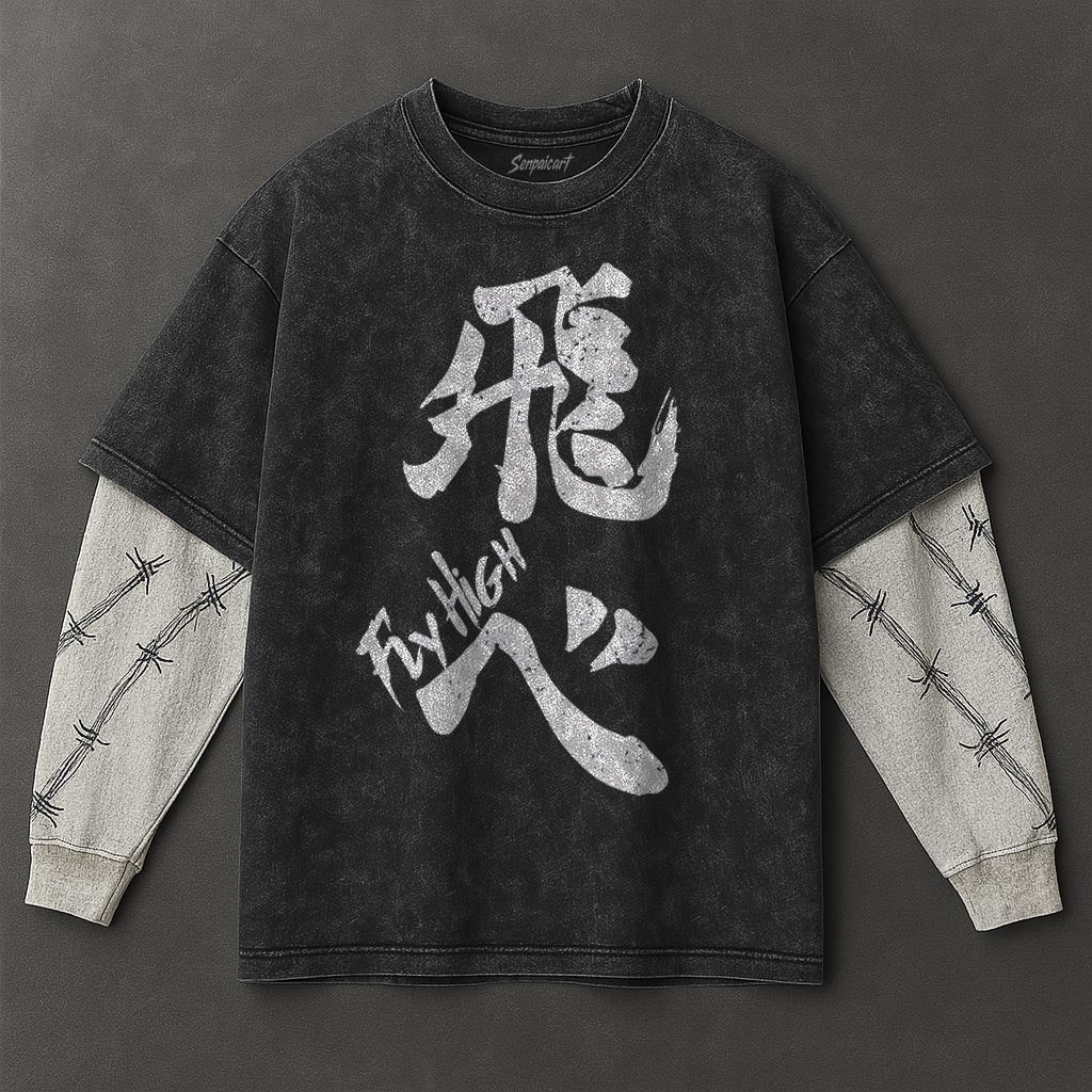 Haikyuu Premium Slouchy Black Double Sleeves Washed T-Shirt