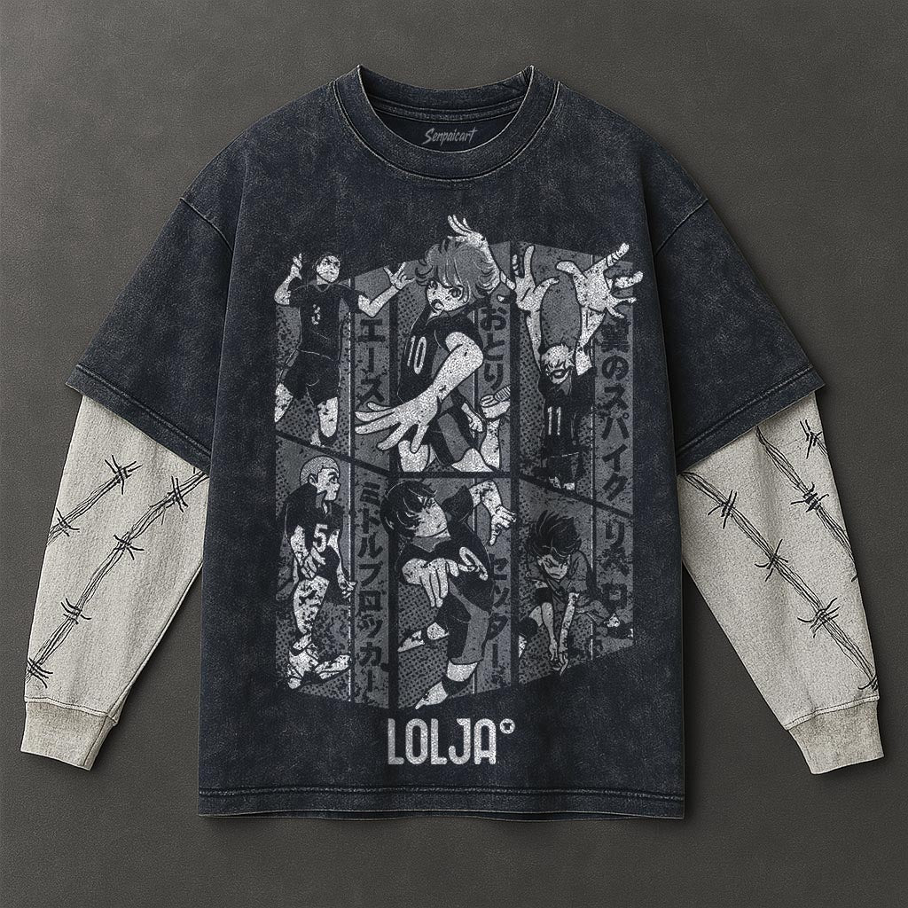 Haikyuu Premium Flowy Double Sleeves Blue Washed T-Shirt