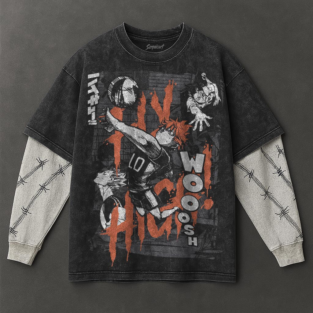 Haikyuu Premium Cozy Black Double Sleeves Washed T-Shirt