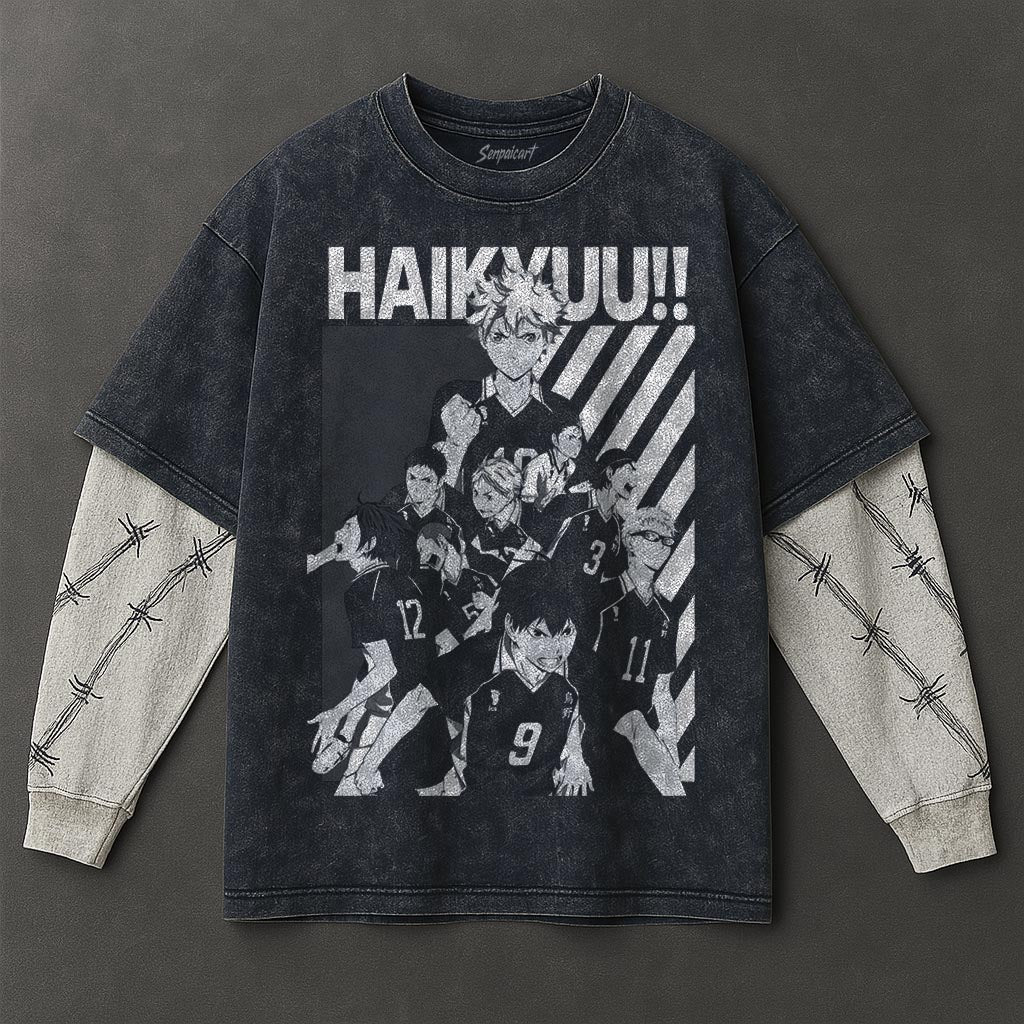 Haikyuu Premium Effortless Double Sleeves Blue Washed T-Shirt
