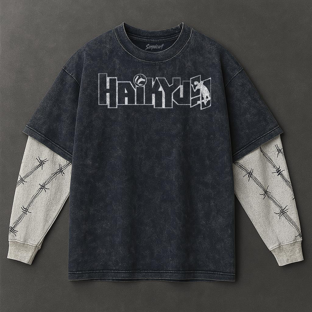 Haikyuu Premium Airy Double Sleeves Blue Washed T-Shirt