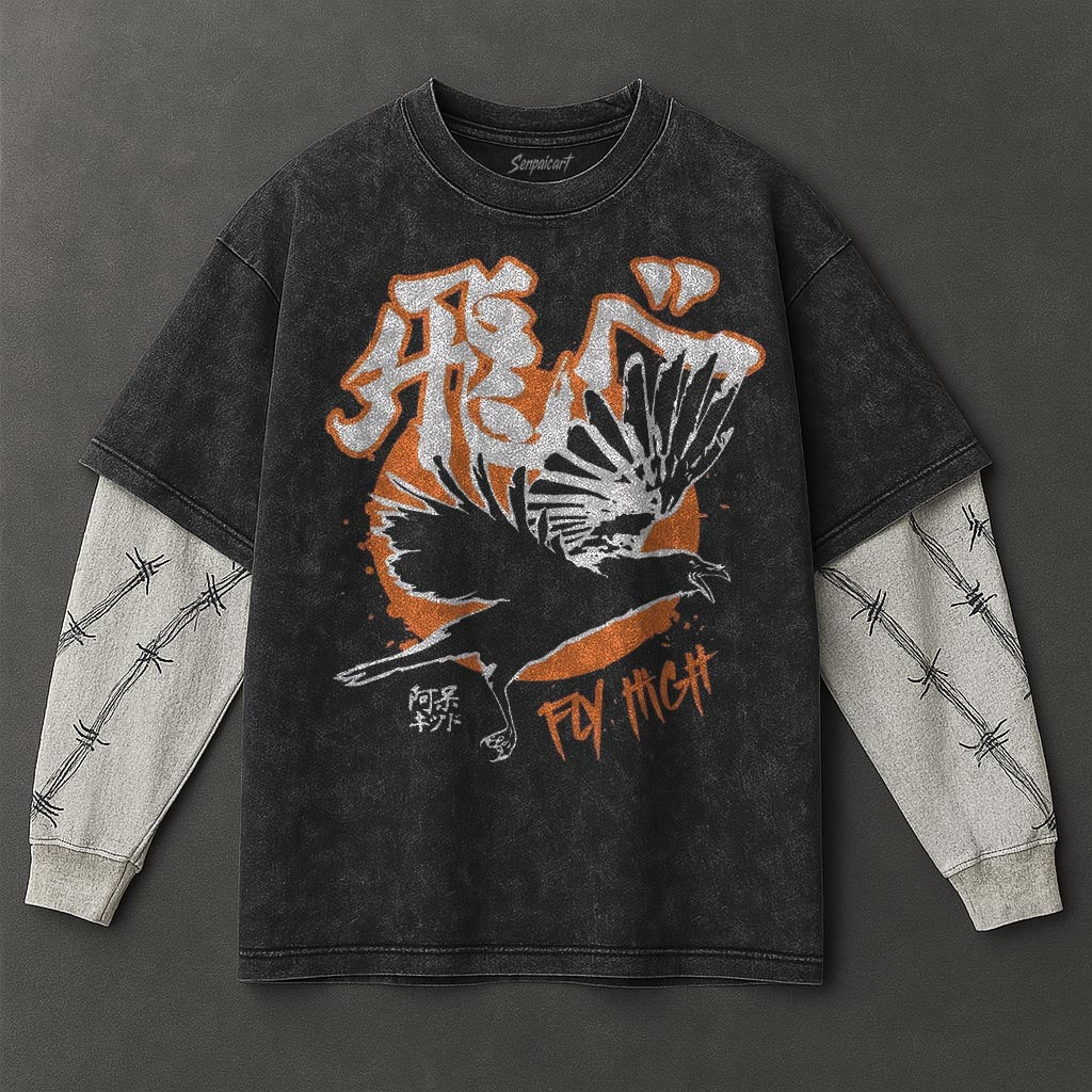 Haikyuu Premium Roomy Black Double Sleeves Washed T-Shirt