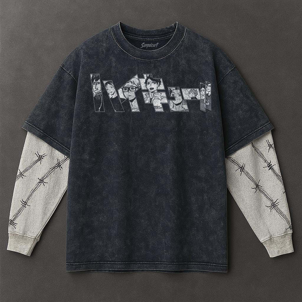 Haikyuu Premium Soft Double Sleeves Blue Washed T-Shirt