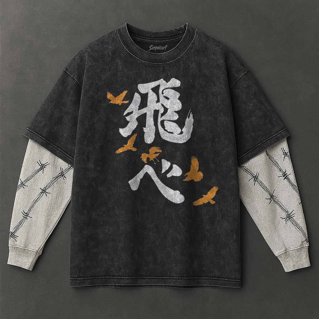 Haikyuu Premium Airy Black Double Sleeves Washed T-Shirt