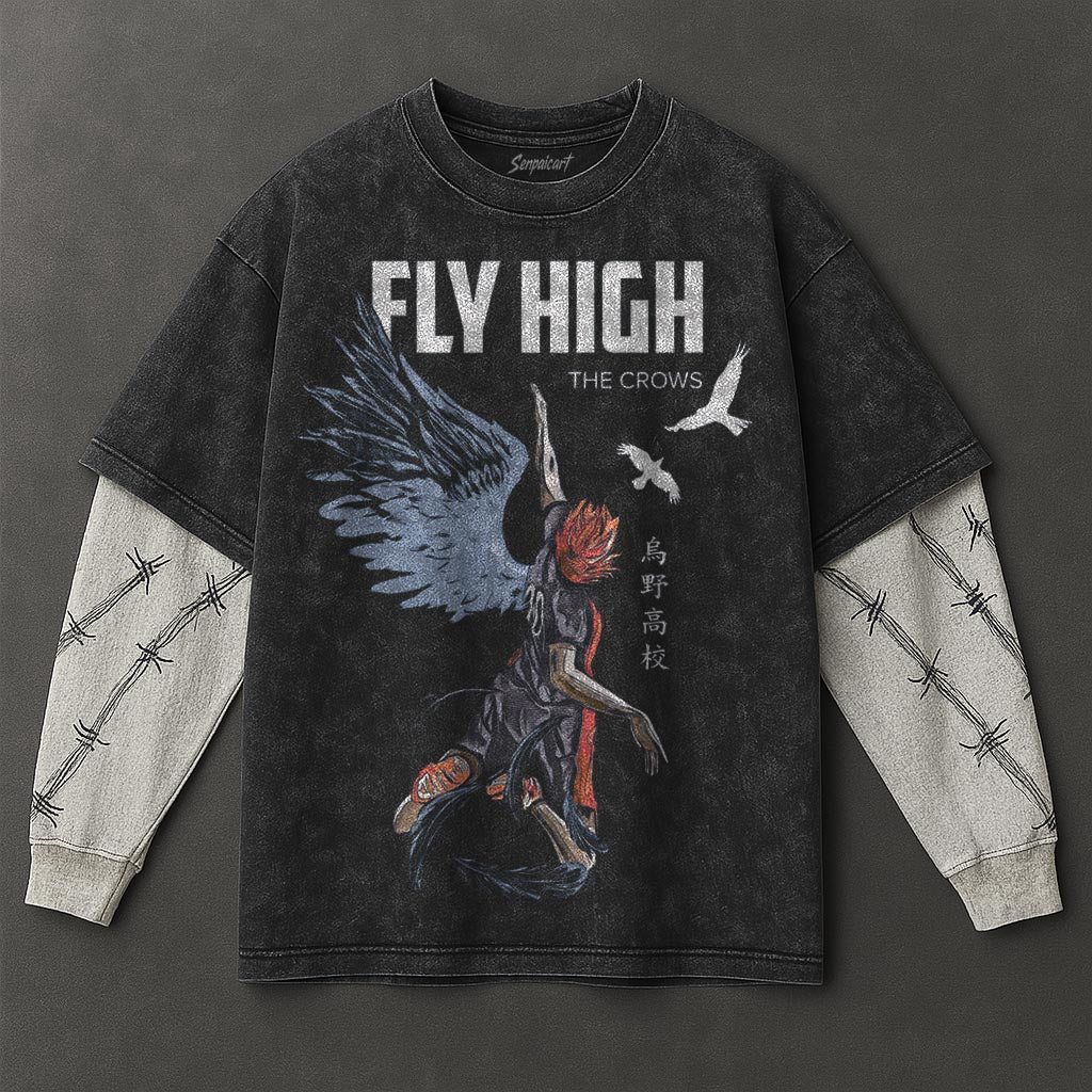 Haikyuu Premium Oversized Black Double Sleeves Washed T-Shirt